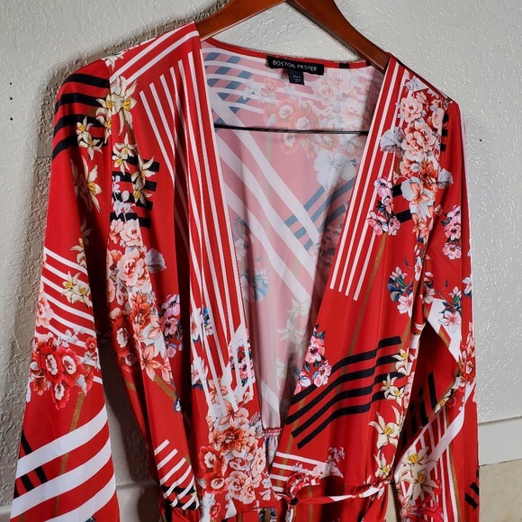 Boston Proper Red floral & stripe wrap dress - Picture 10 of 11